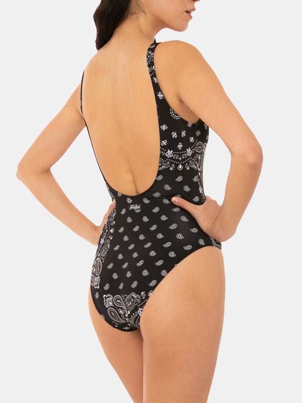 Woman one piece swimsuit with bandanna print