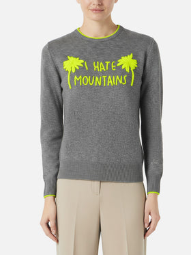 Damen-Pullover, grau, Fluo-Gelb, I Hate Mountains-Stickerei
