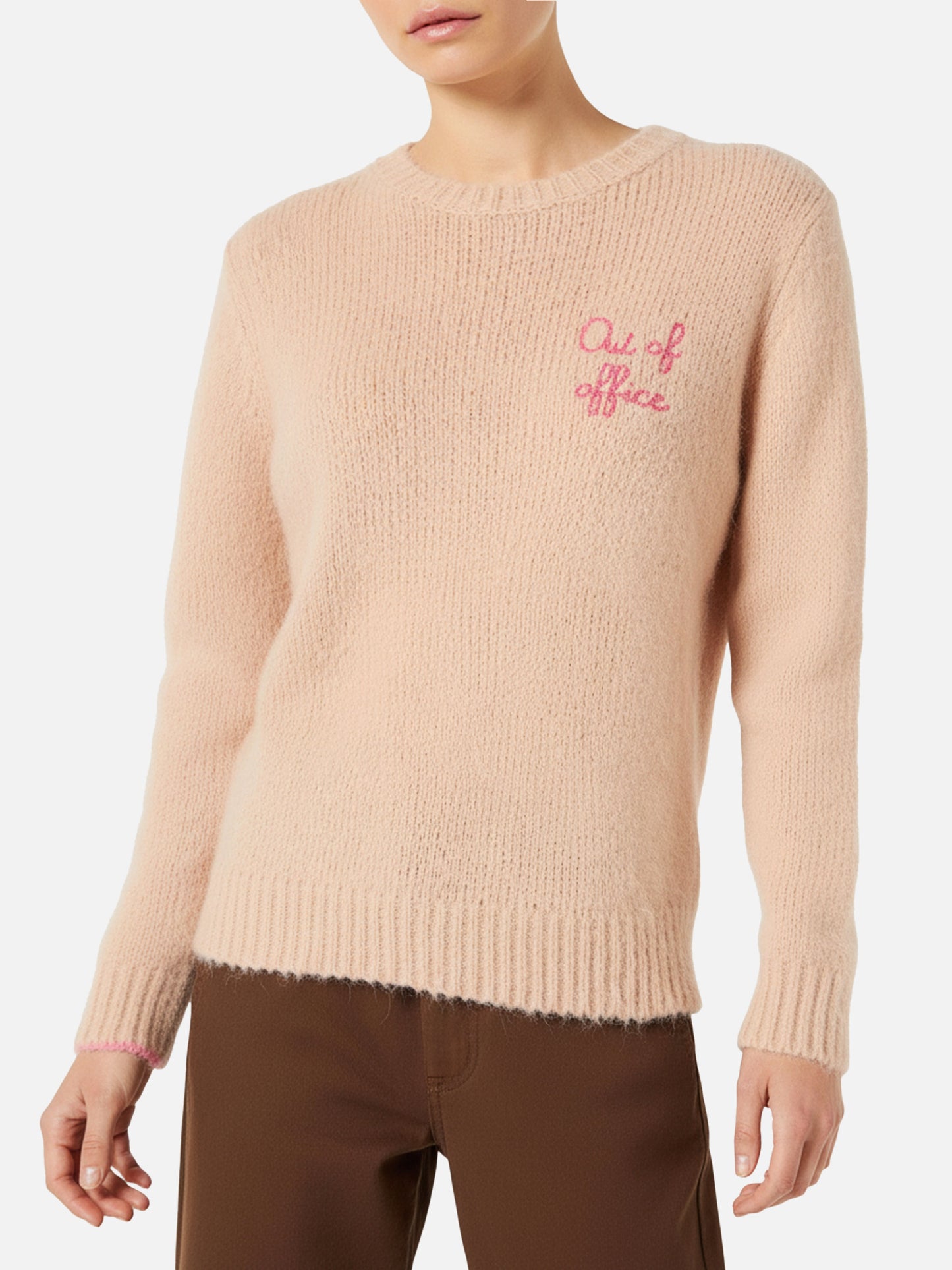 Woman beige brushed sweater with embroidery