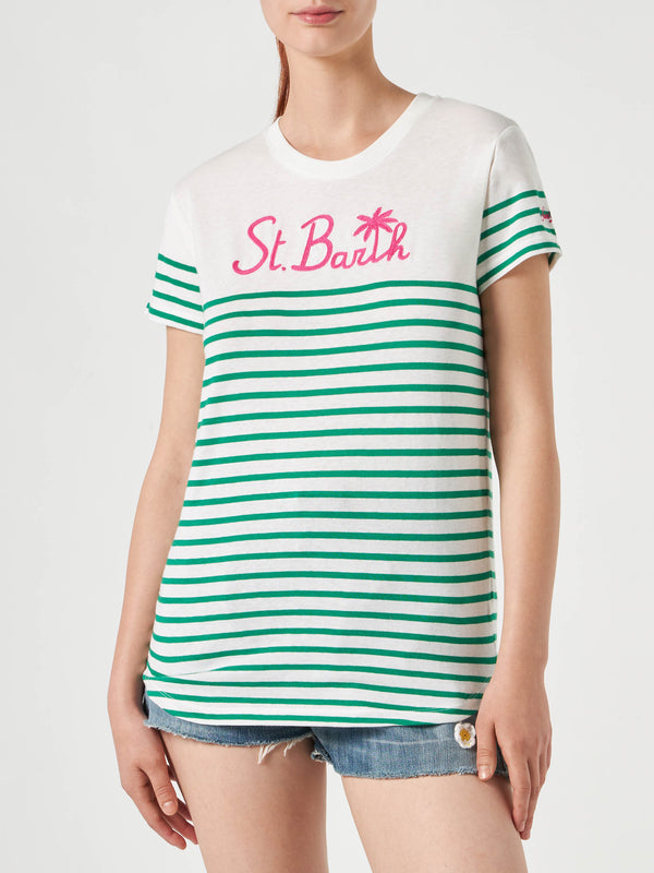 T-shirt in cotone a righe verdi con ricamo St. Barth