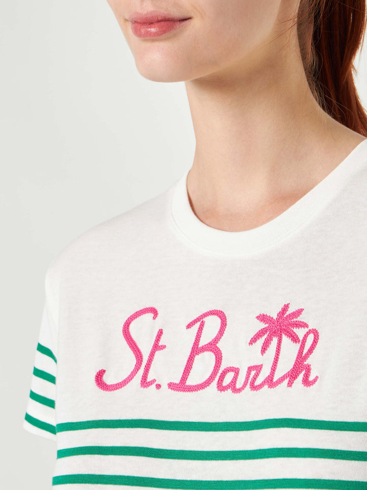 Green striped cotton t-shirt with St. Barth embroidery - MC2 Saint Barth