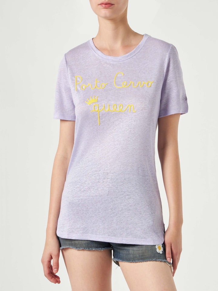 Leinen-T-Shirt mit „Porto Cervo Queen“-Stickerei