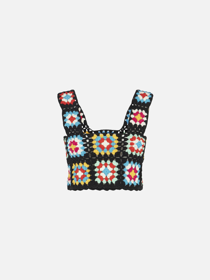 Top Halima en crochet multicolore sur base noire 