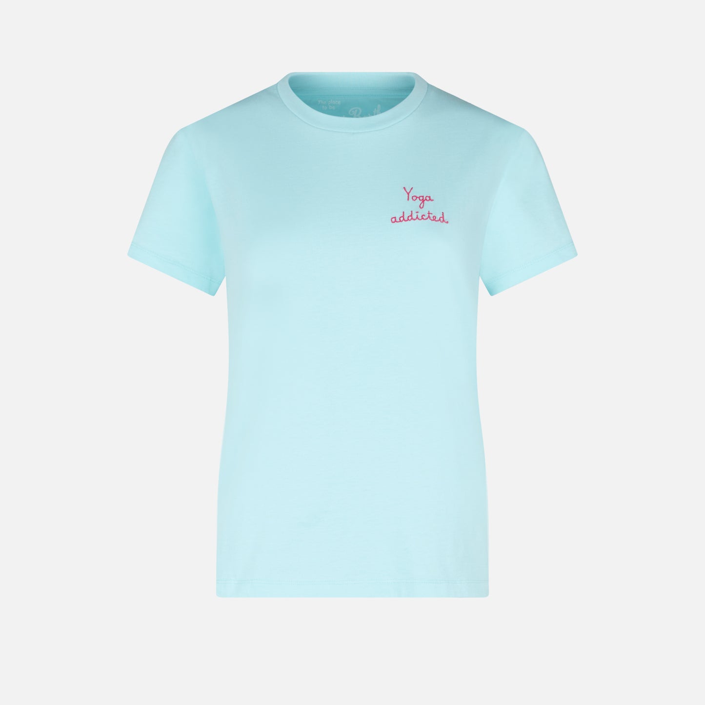 T-shirt da donna in cotone con scritta ricamata yoga addicted