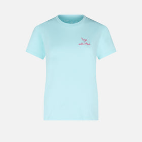 T-shirt da donna in cotone con scritta ricamata yoga addicted