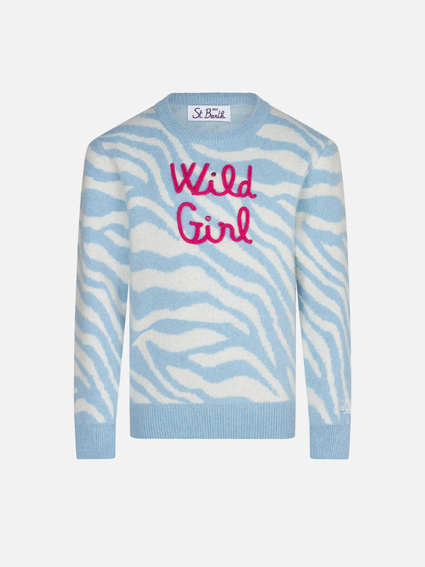 Girl zebra print brushed sweater with Wild Girl embroidery