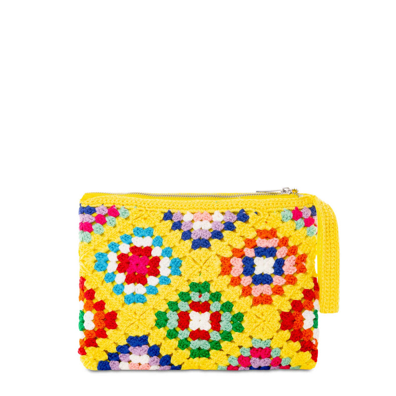 Gelbe Parisienne-Häkelclutch mit Saint-Barth-Stickerei