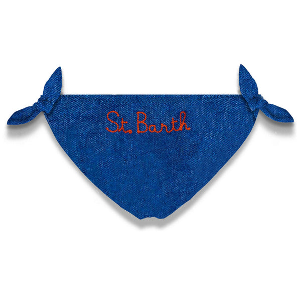 Slip da bagno da bambina in denim con patch fragola