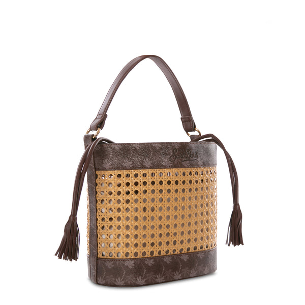 Straw bucket bag with brown monogram details