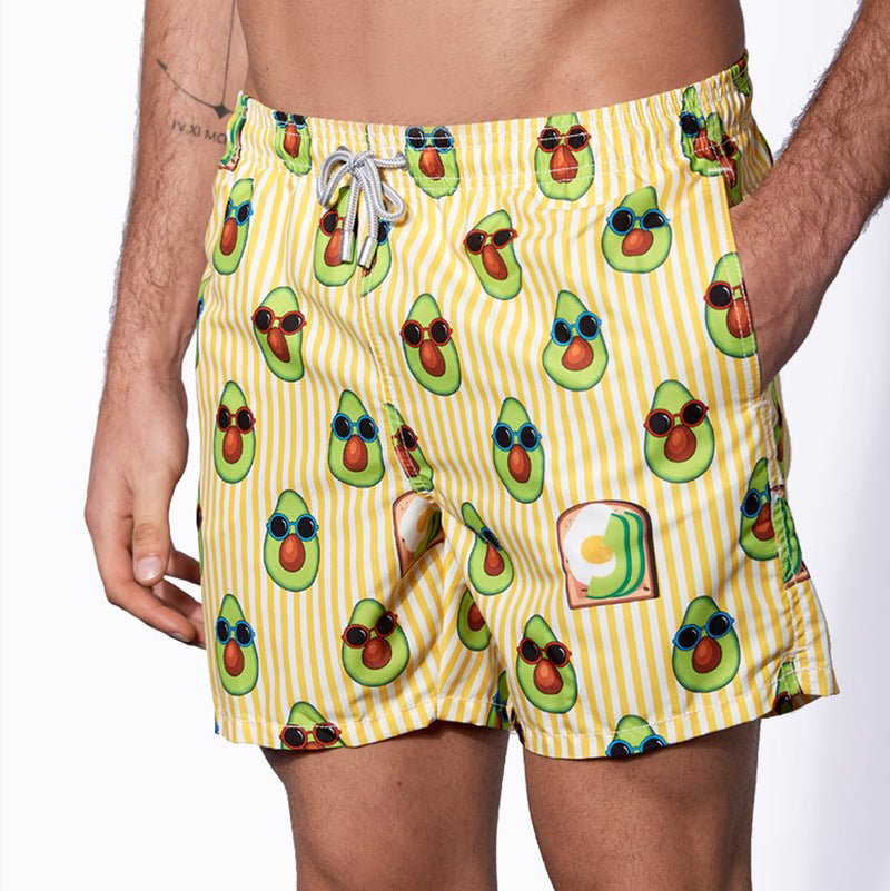 Mid-length swim shorts avocado toast striped print