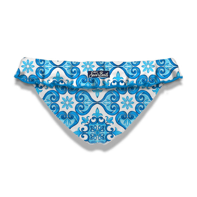 Girl ruffled swim briefs with majolica print