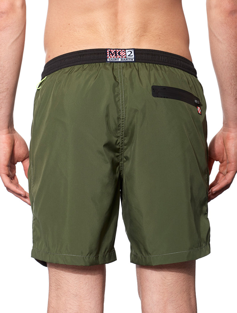 Military green light fabric zipped swim shorts