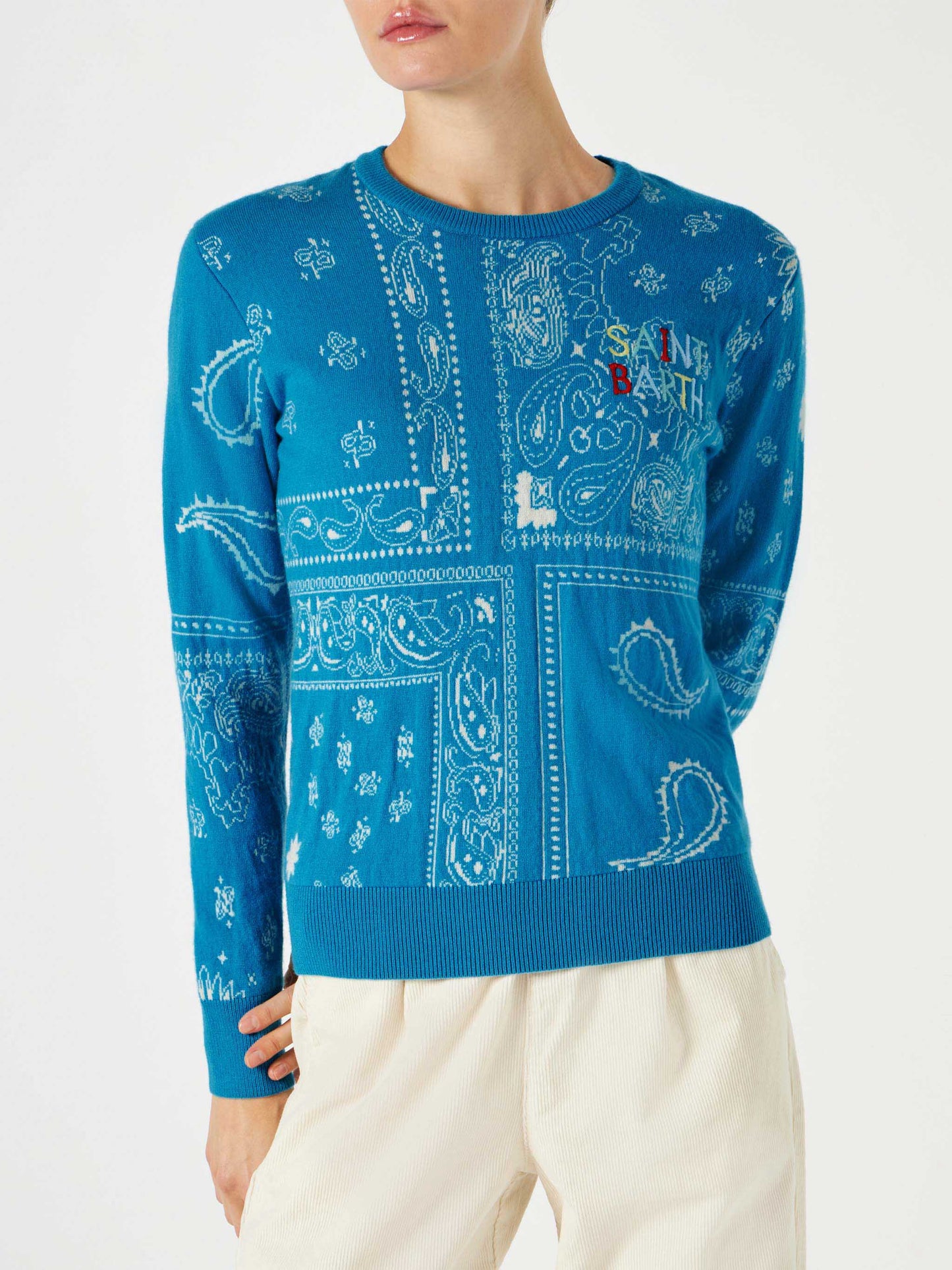 Maglione da donna con stampa bandana e ricamo Saint Barth