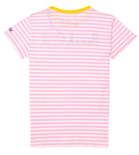 Woman pink striped t-shirt with Beach Girl in St.Barth embroidery