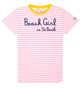 Woman pink striped t-shirt with Beach Girl in St.Barth embroidery