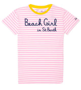 T-shirt a righe rosa con Beach Girl ricamata