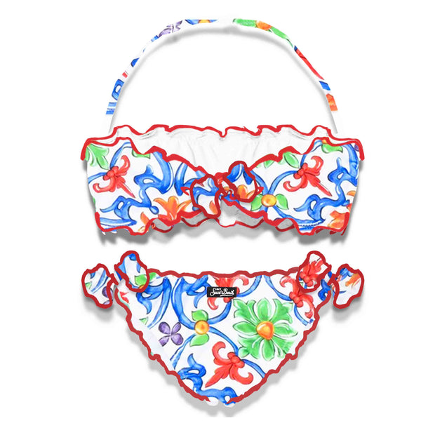 Mädchen-Bandeau-Bikini mit Majolika-Print