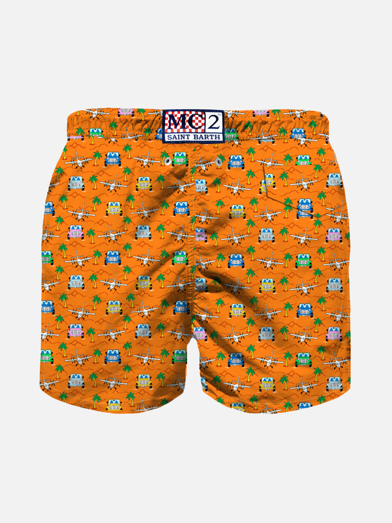 Boy swim shorts with cars and palms print