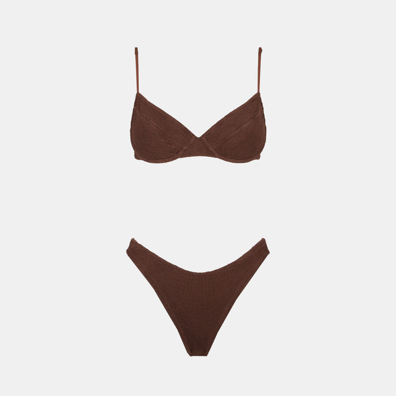 Woman brown crinkle underwired bralette bikini