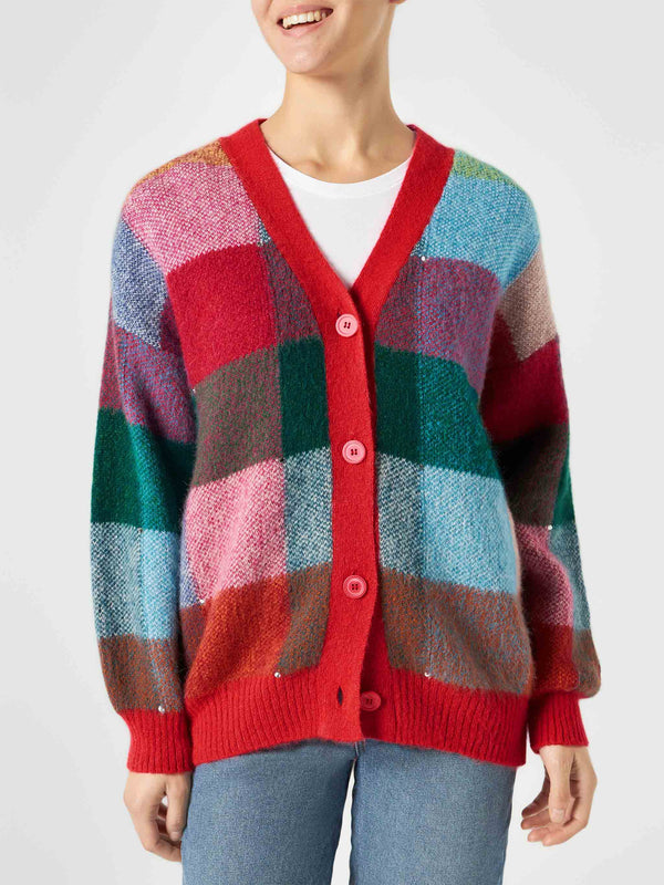 Woman brushed multicolor cardigan with rhinestones