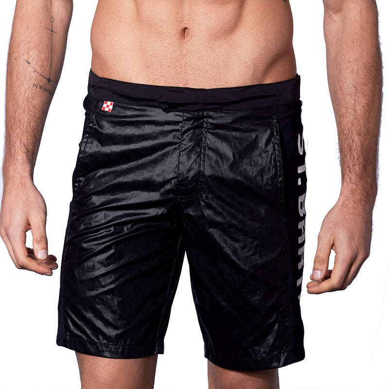 Check swim shorts with contrast lateral band