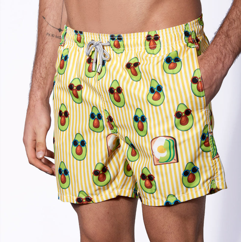 Mid-length swim shorts avocado toast striped print