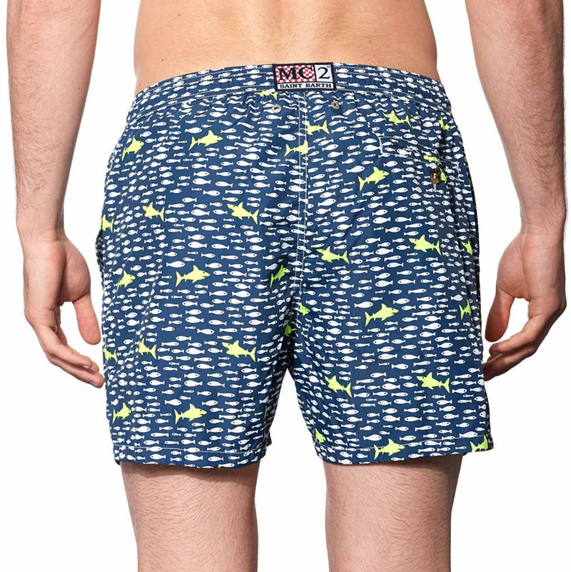 Herren-Badeshorts aus leichtem Stoff mit Hai-Print