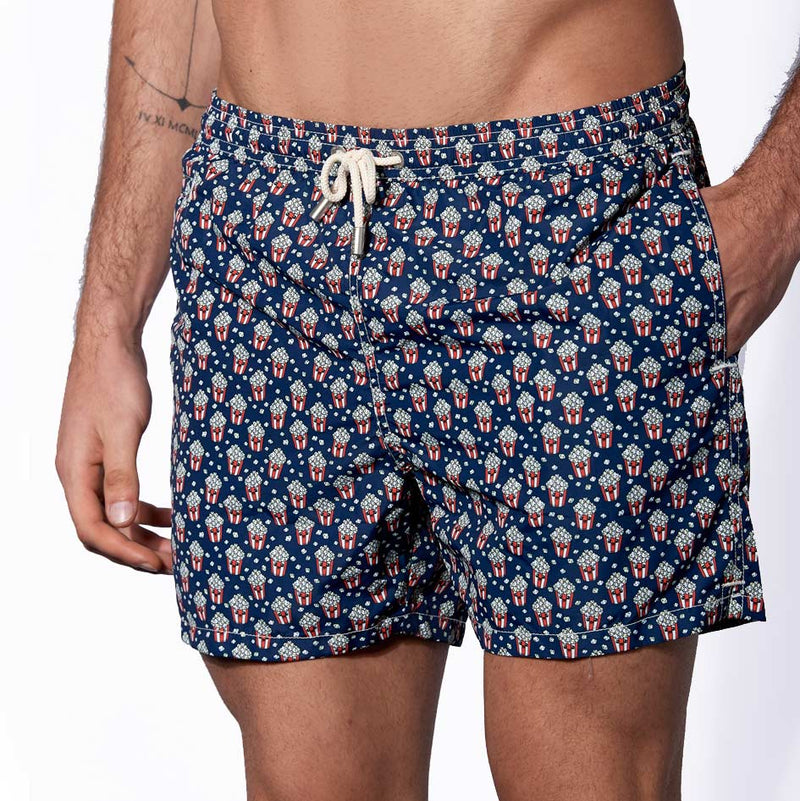 Man light fabric swim shorts with pop corn print