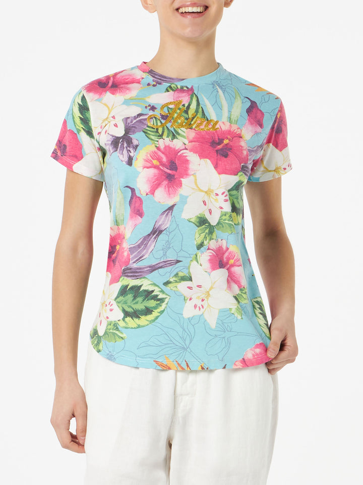 Woman cotton t-shirt with ibiscus print - MC2 Saint Barth