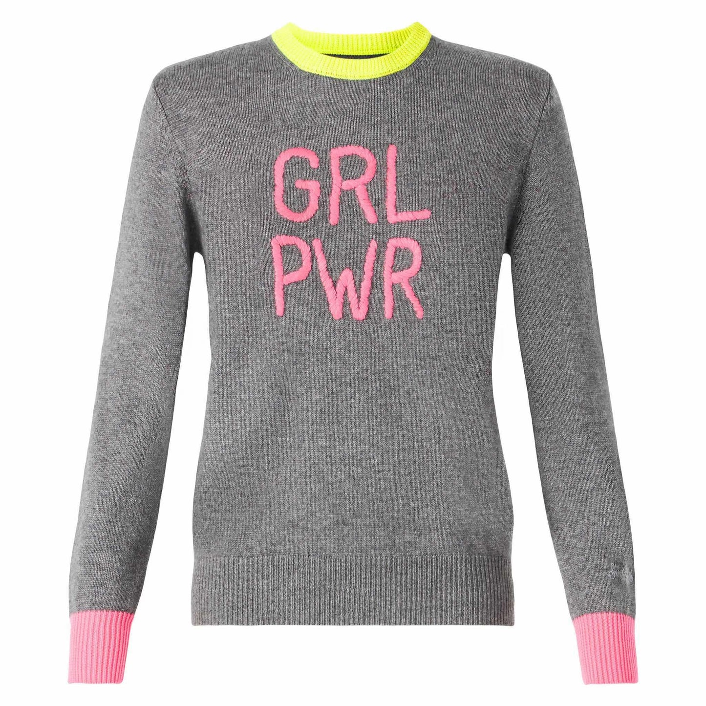 Maglione da donna grigio ricamo GIRL PWR fluo e dettagli fluo