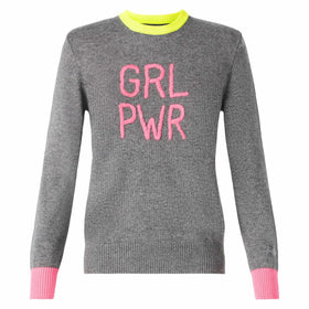 Maglione da donna grigio ricamo GIRL PWR fluo e dettagli fluo