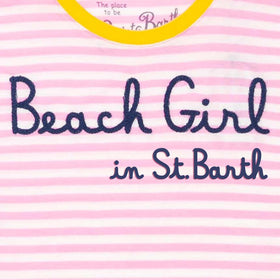 Woman pink striped t-shirt with Beach Girl in St.Barth embroidery