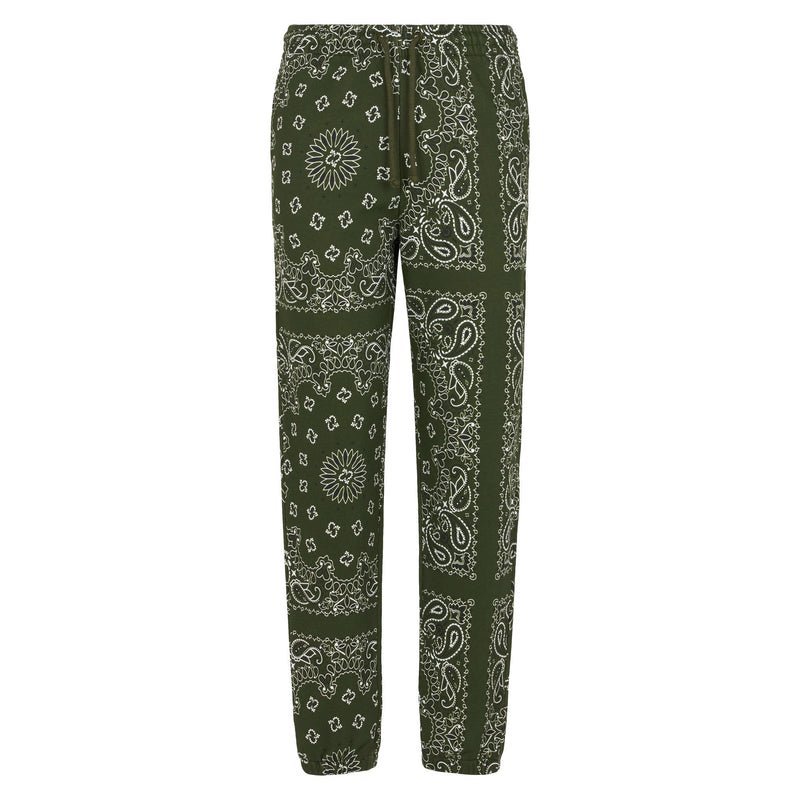 Woman fleece pants with green bandanna print