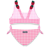 Pink vichy  print  girl bikini with strawberry applied