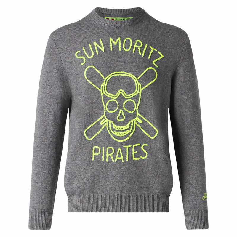 Man grey sweater Sun Moritz Pirates fluo embroidery