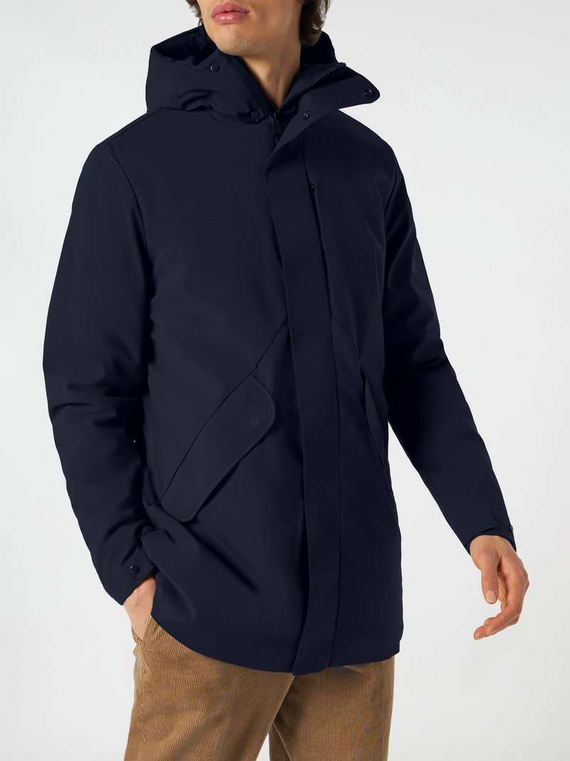 Blauer Voyager-Parka für Herren mit Kapuze und Sherpa-Futter