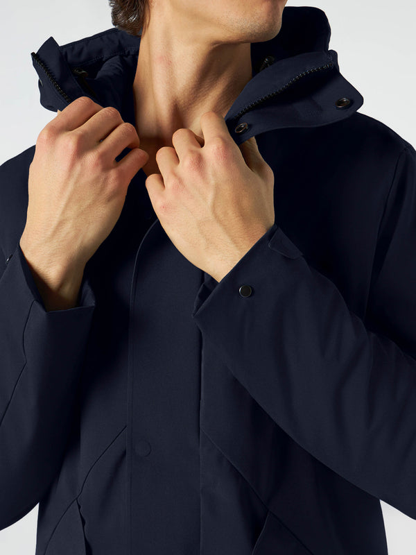 Man navy blue hooded parka jacket Voyager with sherpa lining