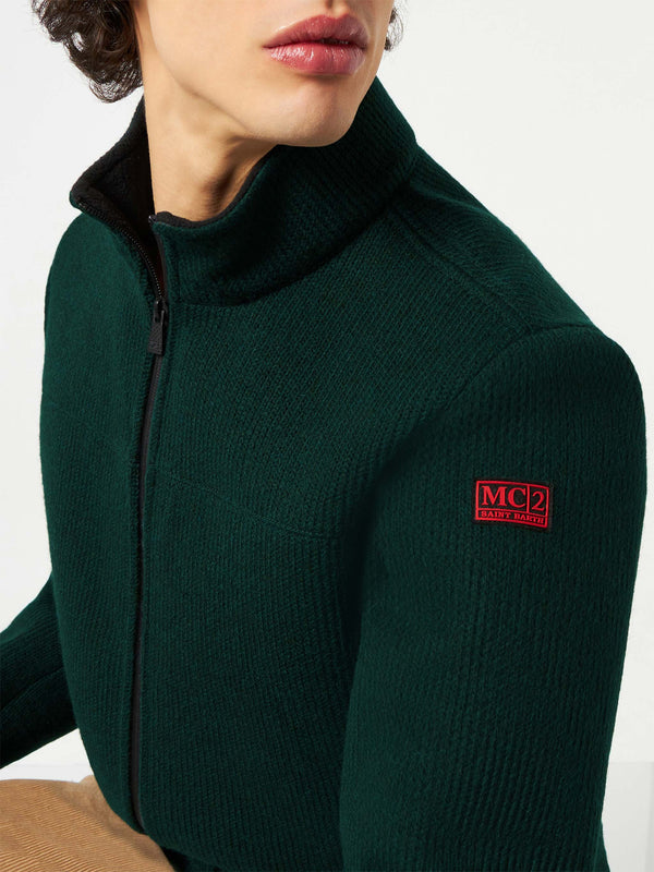 Man knit ribbed green bomber jacket