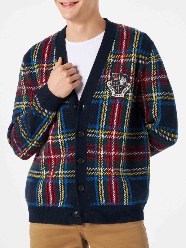 Man tartan knitted cardigan with patch