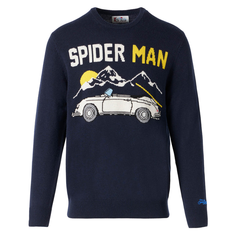 Man navy blue sweater with car print