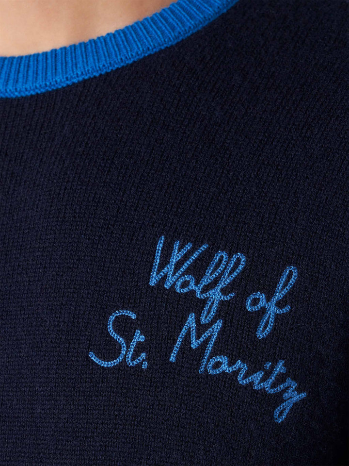 Man navy blue sweater with Wolf of St. Moritz embroidery - MC2 Saint Barth
