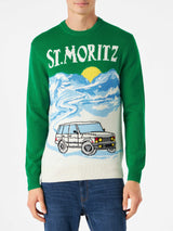 Maglia da uomo verde con stampa cartoline di St.Moritz