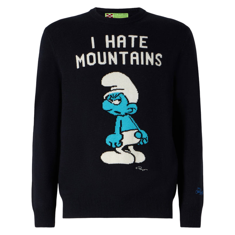 Maglia da uomo blu navy stampa I hate Mountains Puffo | ©PEYO EDIZIONE SPECIALE