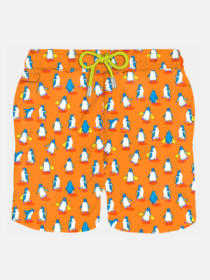 Man light fabric swim shorts with penguins print