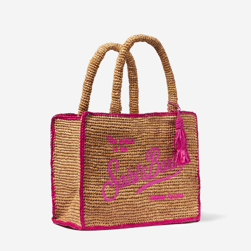 Raffia bag with fuchsia front embroidery