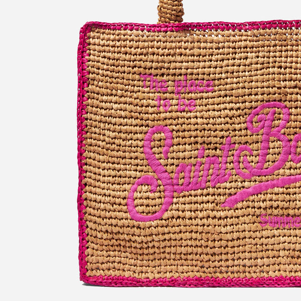 Raffia bag with fuchsia front embroidery