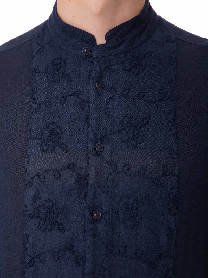 Camicia da uomo in lino blu con ricamo fiori