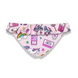 Girl ruffled swim briefs with nineties patch print