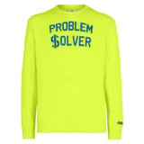 Man fluo yellow sweater with Problem $olver print