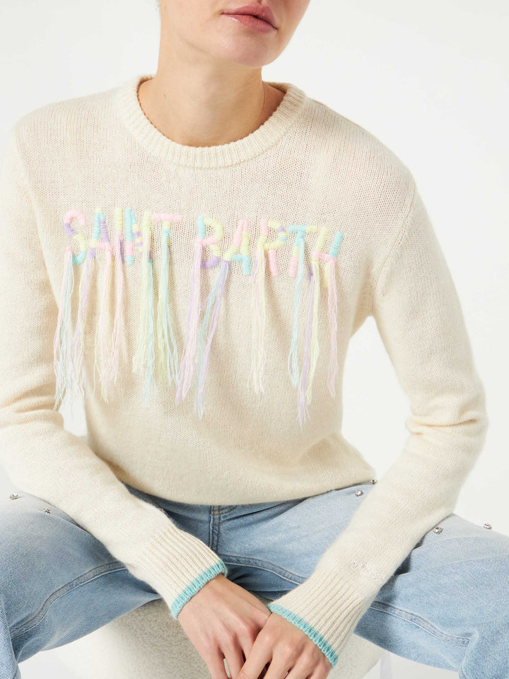 Woman brushed sweater with Saint Barth fringed embroidery - MC2 Saint Barth